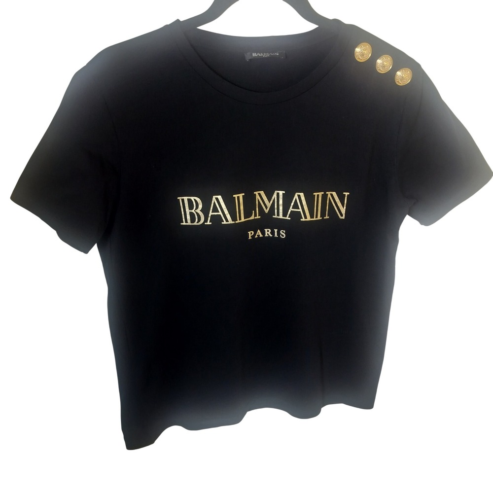 Balmain‎ Paris Black Gold Logo Button Shoulder T-Shirt Womens Short Sleeve Top